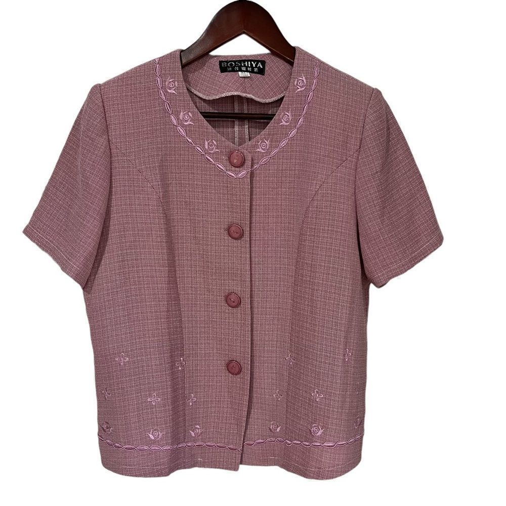 Vintage Boshiya rose  color short sleeve button up blazer & skirt XL
